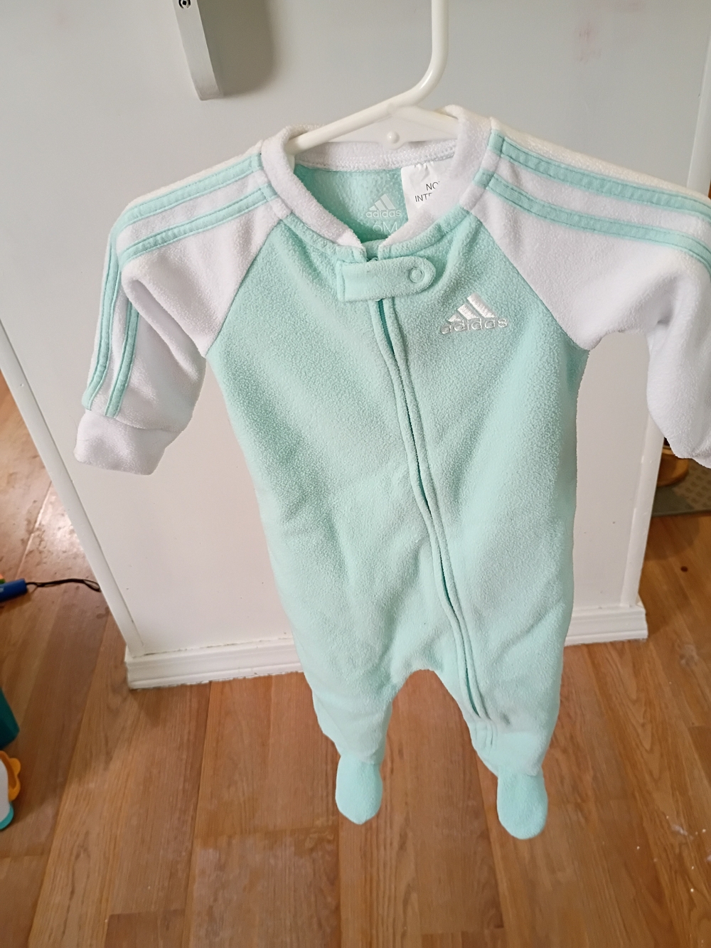 adidas Mint Green and White Fleece Footed One-Piece Romper